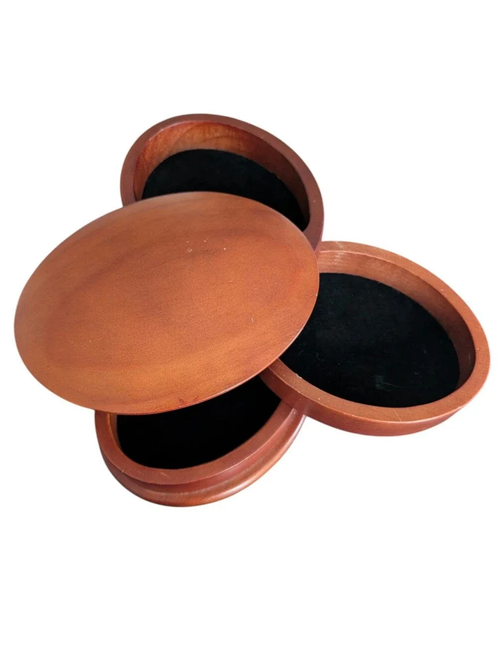 Vintage 3 Tier, Wooden, Swivel, Velvet Lined, Oval Jewelry Box.
